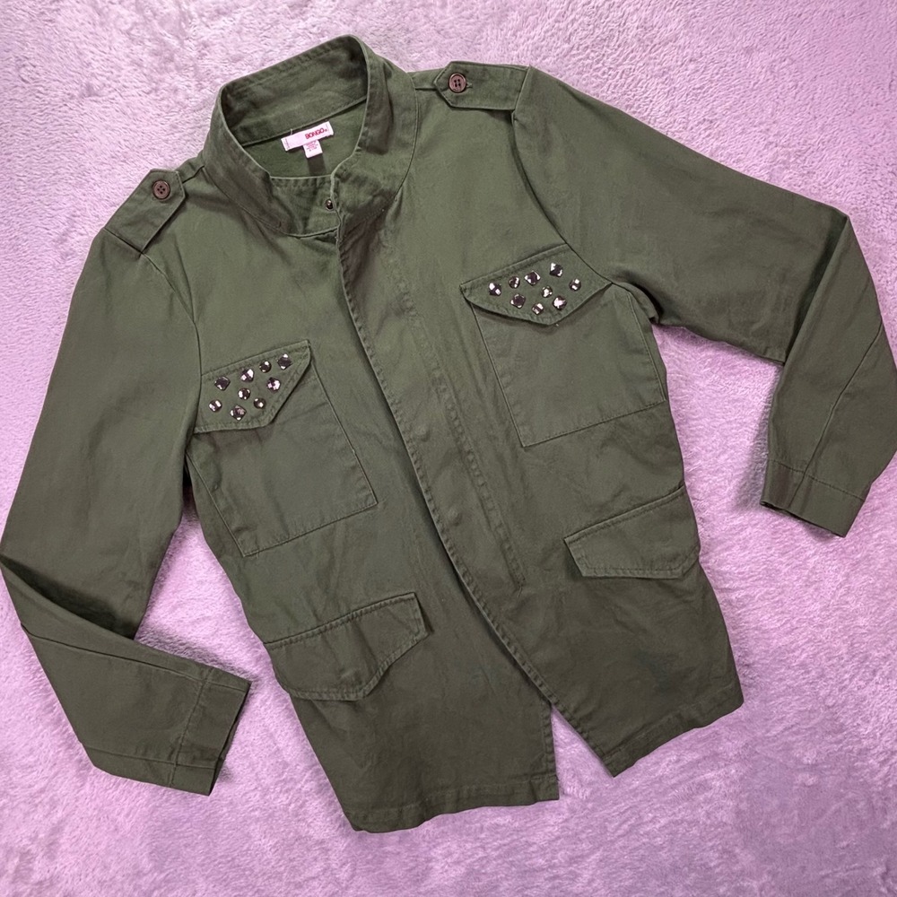 Bongo Juniors Jacket Large Green Cotton Twill Studded Tuxedo Utility Military